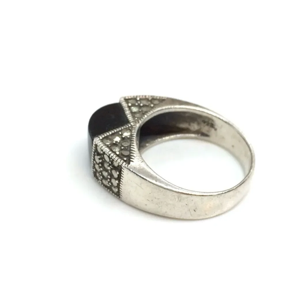 STERLING SILVER RING Black Stone Marcasite Domed Statement Boho Sz 9.25